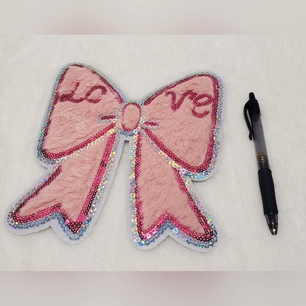 💖10 FOR 20💖New Easy Iron On Pink Sequin Bow Plush with 'Love' Design
